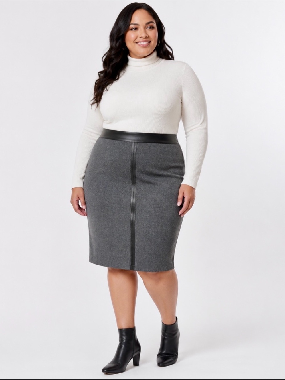 Style & Co Woman 24W Gray Pencil Skirt Faux Leather Trim Career Workwear
